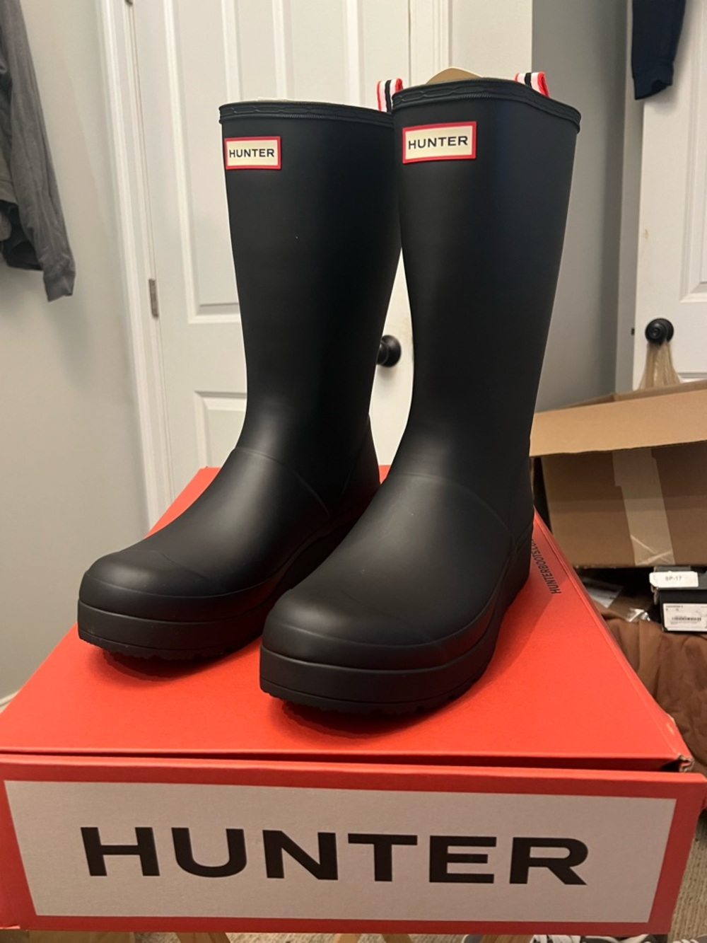 Hunter Matte Black Play Tall Rubber Rain Boots with Logo Trim. W/ 11